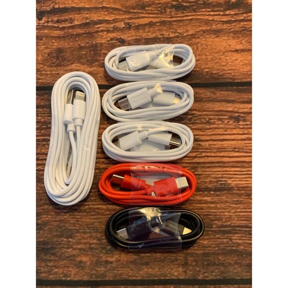 6-Pack USB Cable Set With Lightning & USB-C Connectors - White Red & Black - Picture 1 of 4